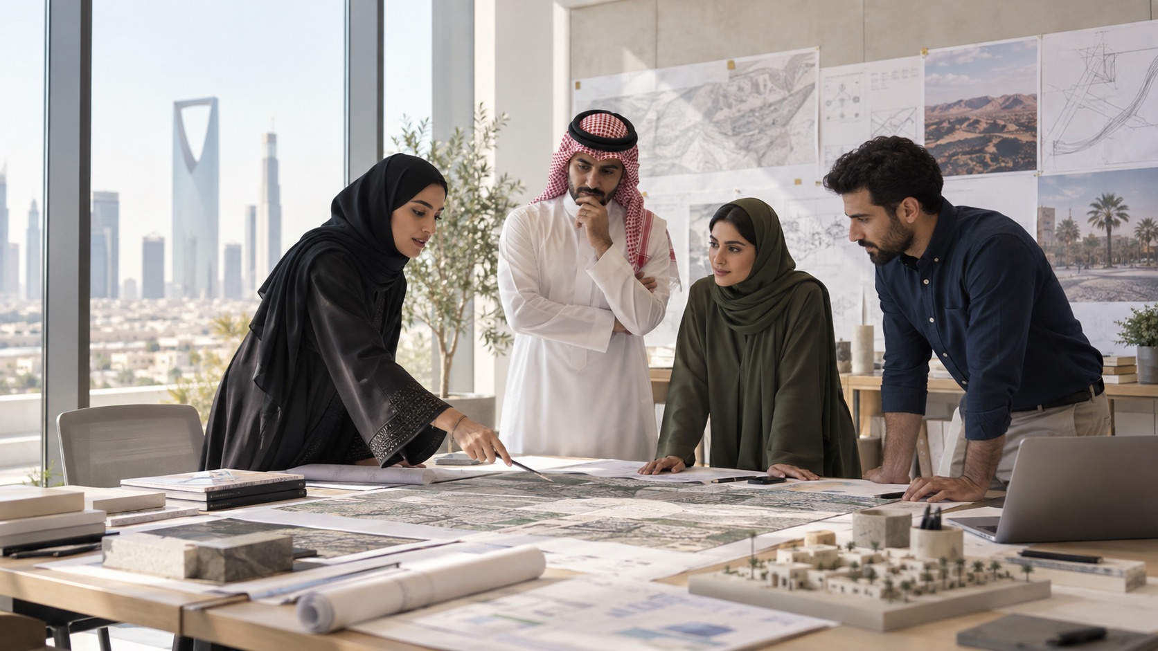 Illustrative multidisciplinary team organizing research and plans in a bright Riyadh project studio
