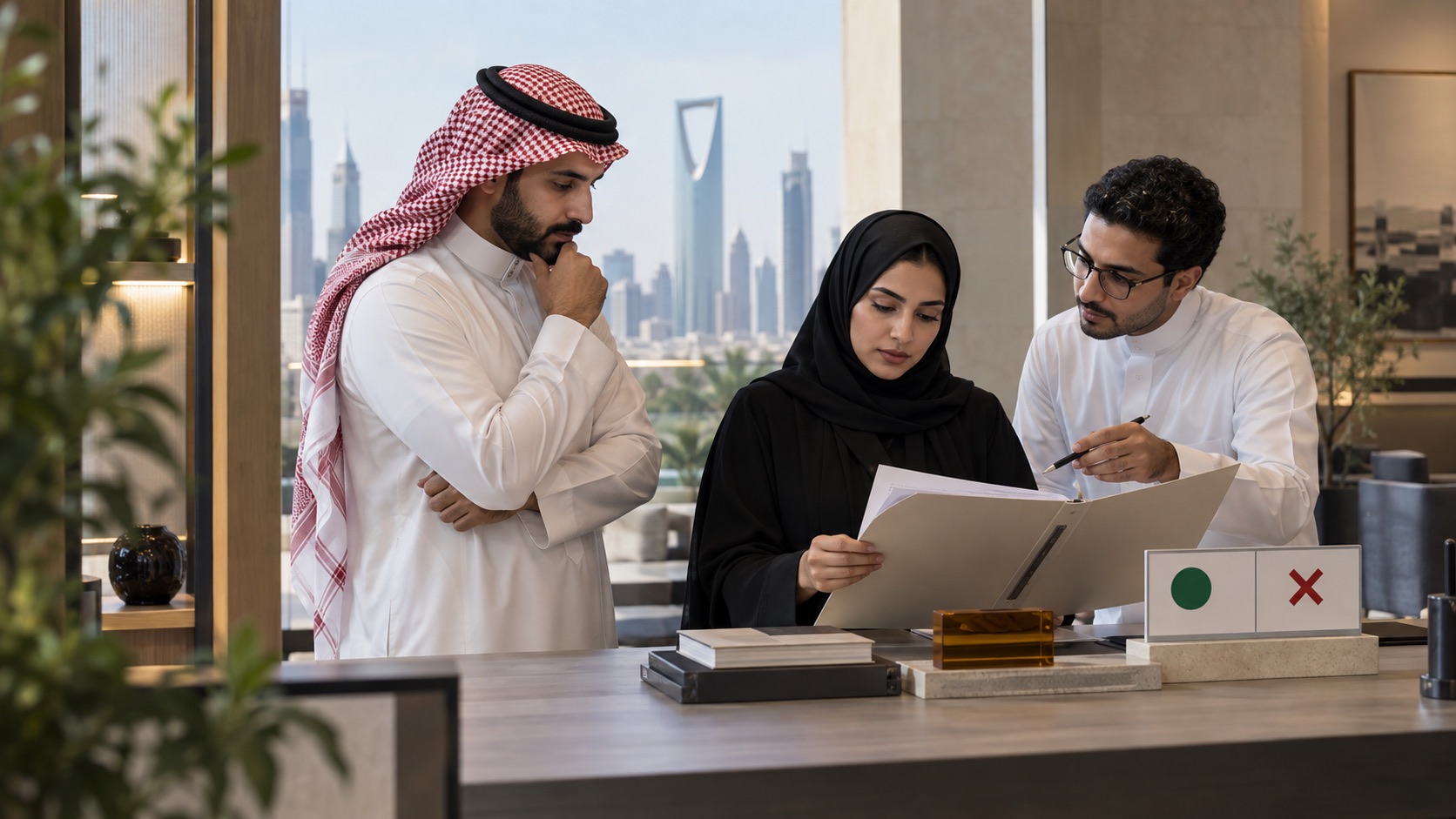 Illustrative decision-maker, security reviewer and technical specialist reviewing evidence together