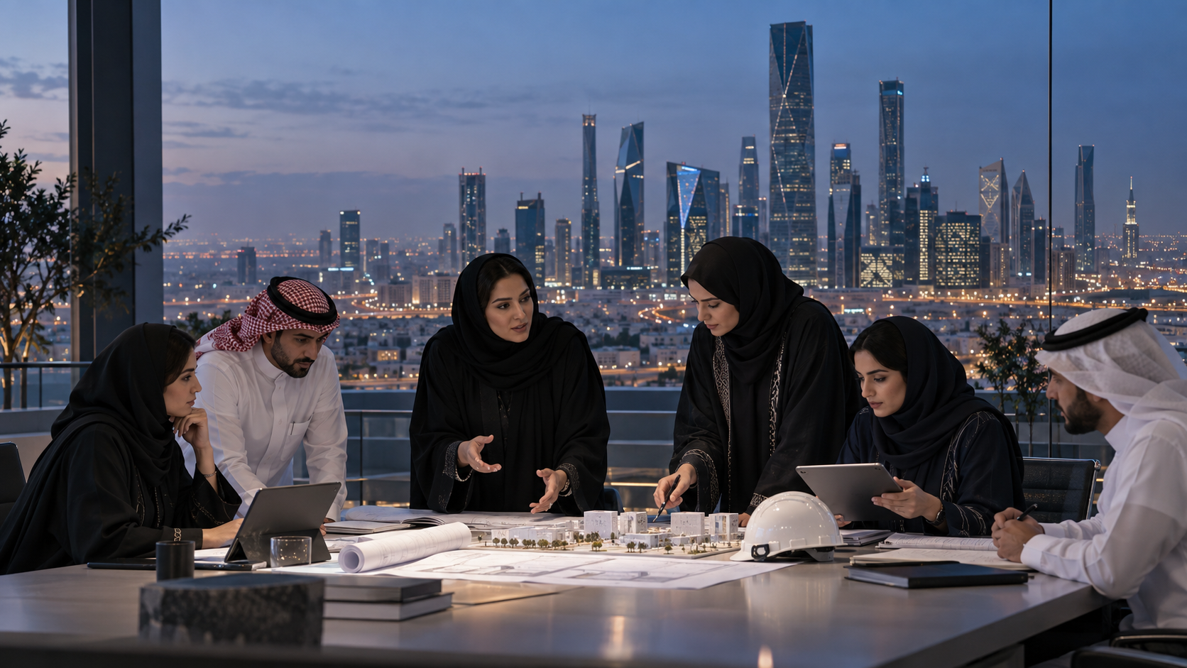 Illustrative women-led multidisciplinary planning session with Riyadh KAFD in the background